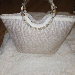 Elegant Cream Woven Handbag with Beaded Handle